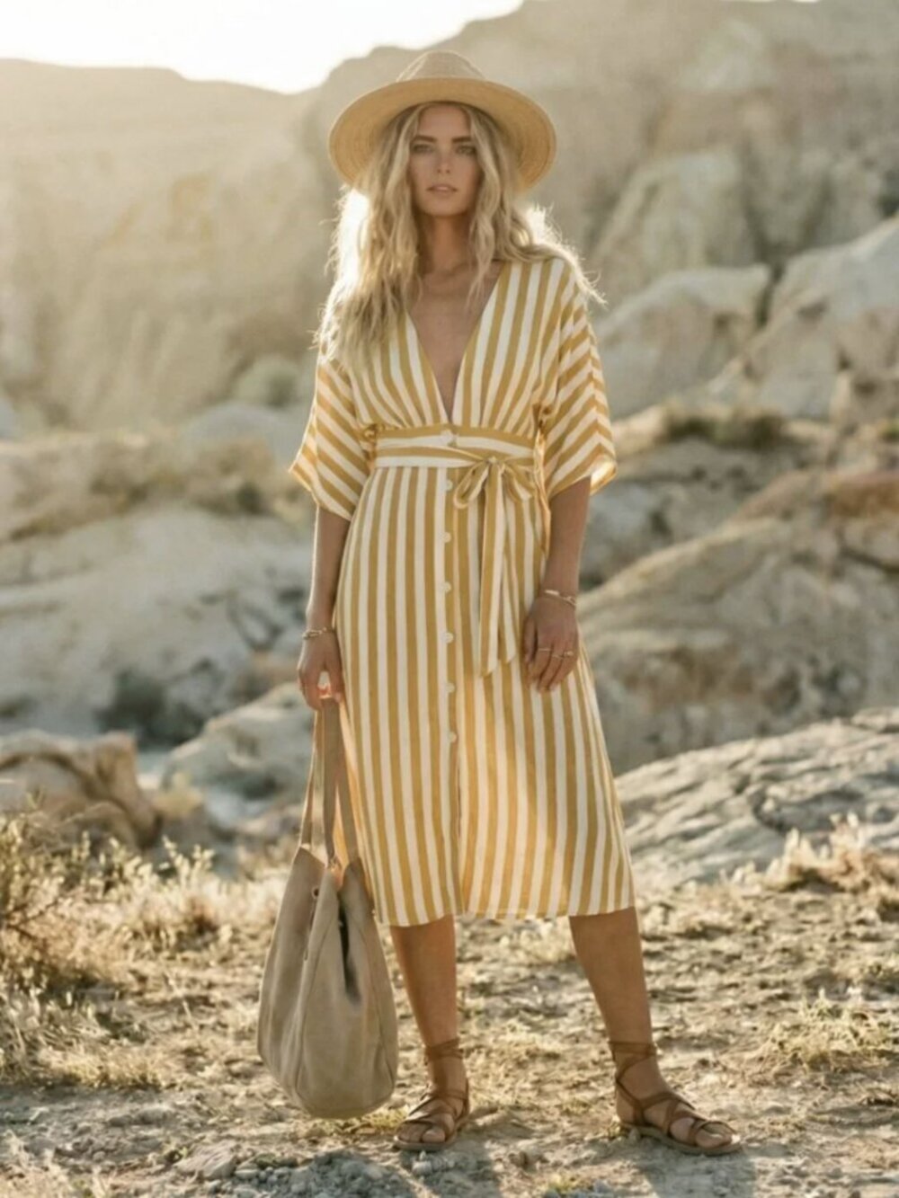 Mustard and White Striped Empire waist Midi Dress Medium Forever 21